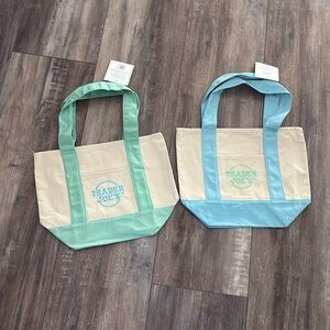 Trader Joe's Mini Tote Bags Pastel Canvas lot (2) green and blue NEW